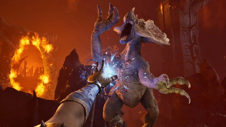 Oblivion-Remastered-screenshot-showing-a-character-reaching-the-arms-towards-a-dragon-like-creature-attacking-them.-There-is-a-firey-portal-in-the-background