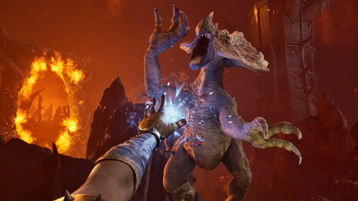 Oblivion-Remastered-screenshot-showing-a-character-reaching-the-arms-towards-a-dragon-like-creature-attacking-them.-There-is-a-firey-portal-in-the-background